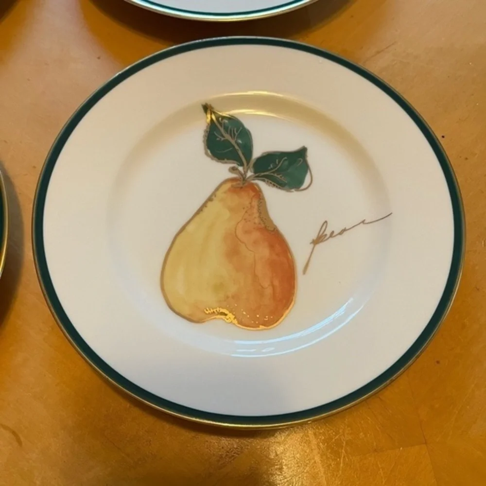 Crate & Barrel Fruit Plates 8” Set of Four, Apple, Pear, Plum, Grapes
